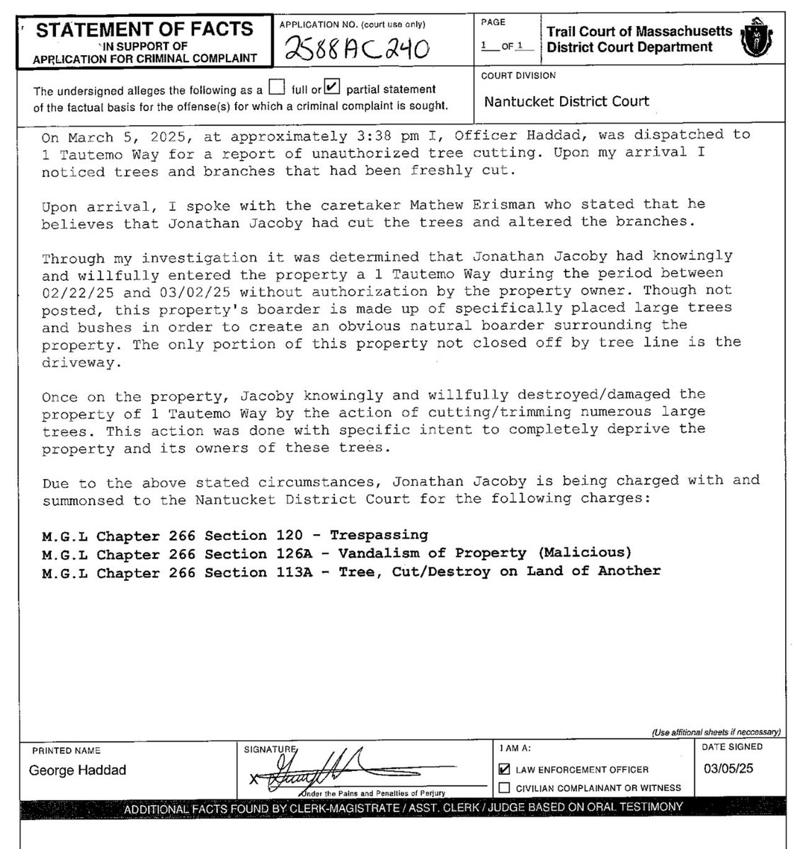 ACKCurrent's tweet image. The Nantucket property owner who allegedly cut down his neighbor’s trees to create ocean views for himself and then list his estate for sale at $10 million will face criminal charges following a probable cause hearing in Nantucket District Court: nantucketcurrent.com/crime/charges-…