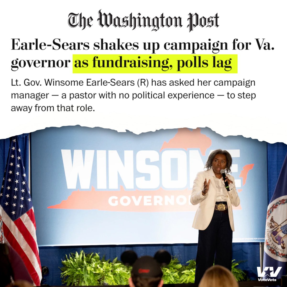 votevets's tweet image. Now Winsome Sears is firing her campaign staff.
Virginia deserves serious leadership — not chaos, blame games, or burn-it-down politics.
@SpanbergerForVA has what it takes: proven leadership and a lifetime of service.
MORE: washingtonpost.com/dc-md-va/2025/…