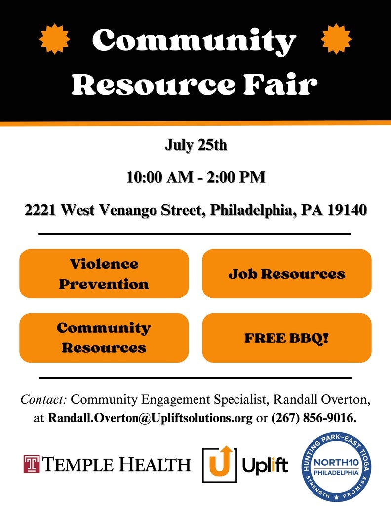 Come out to the Community Resource Fair on Thursday, July 25th from 10AM to 2PM at 2221 West Venango Street, Philadelphia, PA 19140! Explore job opportunities, community programs, violence prevention resources, and more—all while enjoying FREE BBQ.

#NorthPhiladelphia