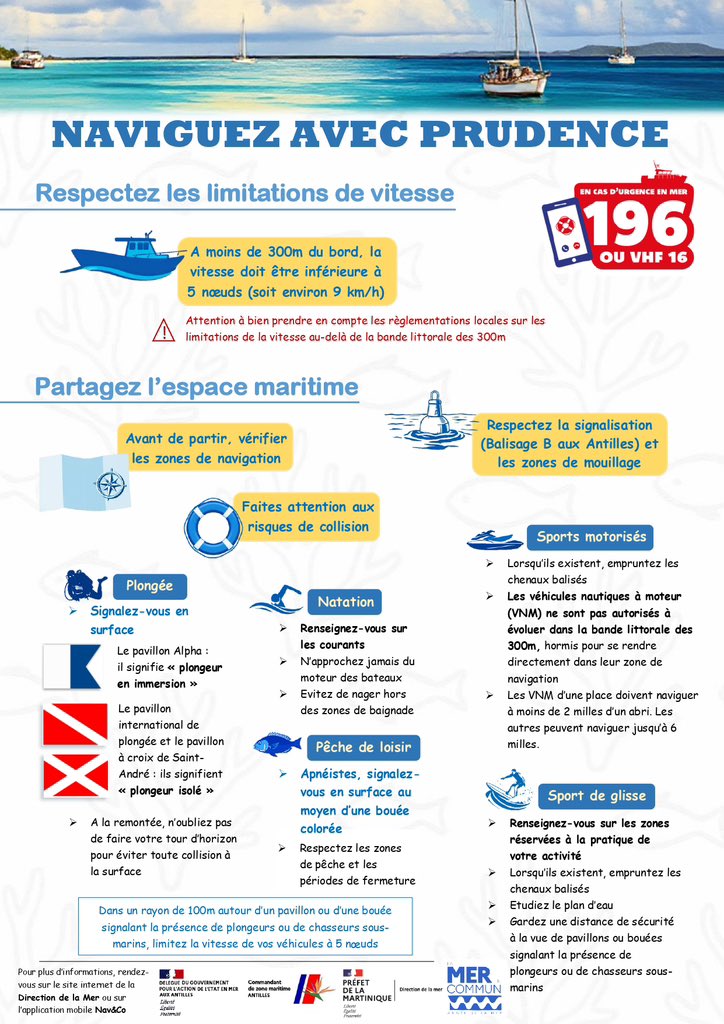 A l’initiative de la division #AEM des #FAA, une journée de sensibilisation à la sécurité des loisirs nautiques est organisée ce samedi 19 juillet sur les façades maritimes de la Martinique 🌊🚤🛥️⛵️

➡️ N’oubliez pas : en cas de danger en mer, contactez le 196 📞 ou VHF 16 🎙️!