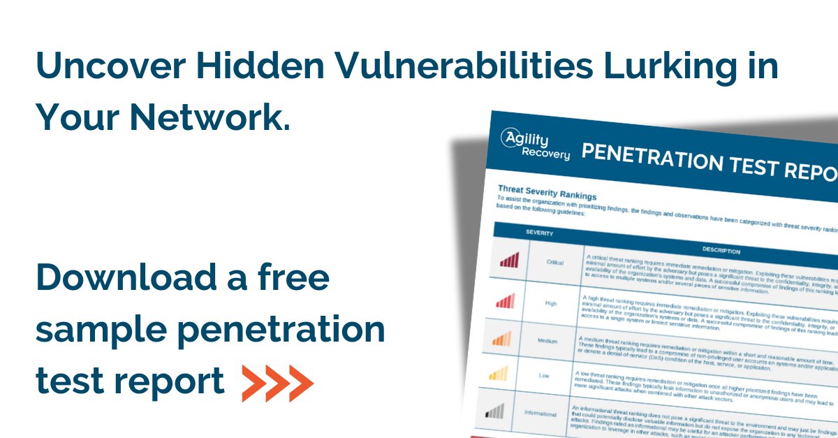 AgilityRecovery's tweet image. Penetration testing simulates real-world cyberattacks to expose hidden vulnerabilities in your systems, networks, and devices—before a bad actor does.

Want to see what a real test reveals? Download a sample #penetrationtest report: utm.io/uiES3

#ptaas #cybersecurity