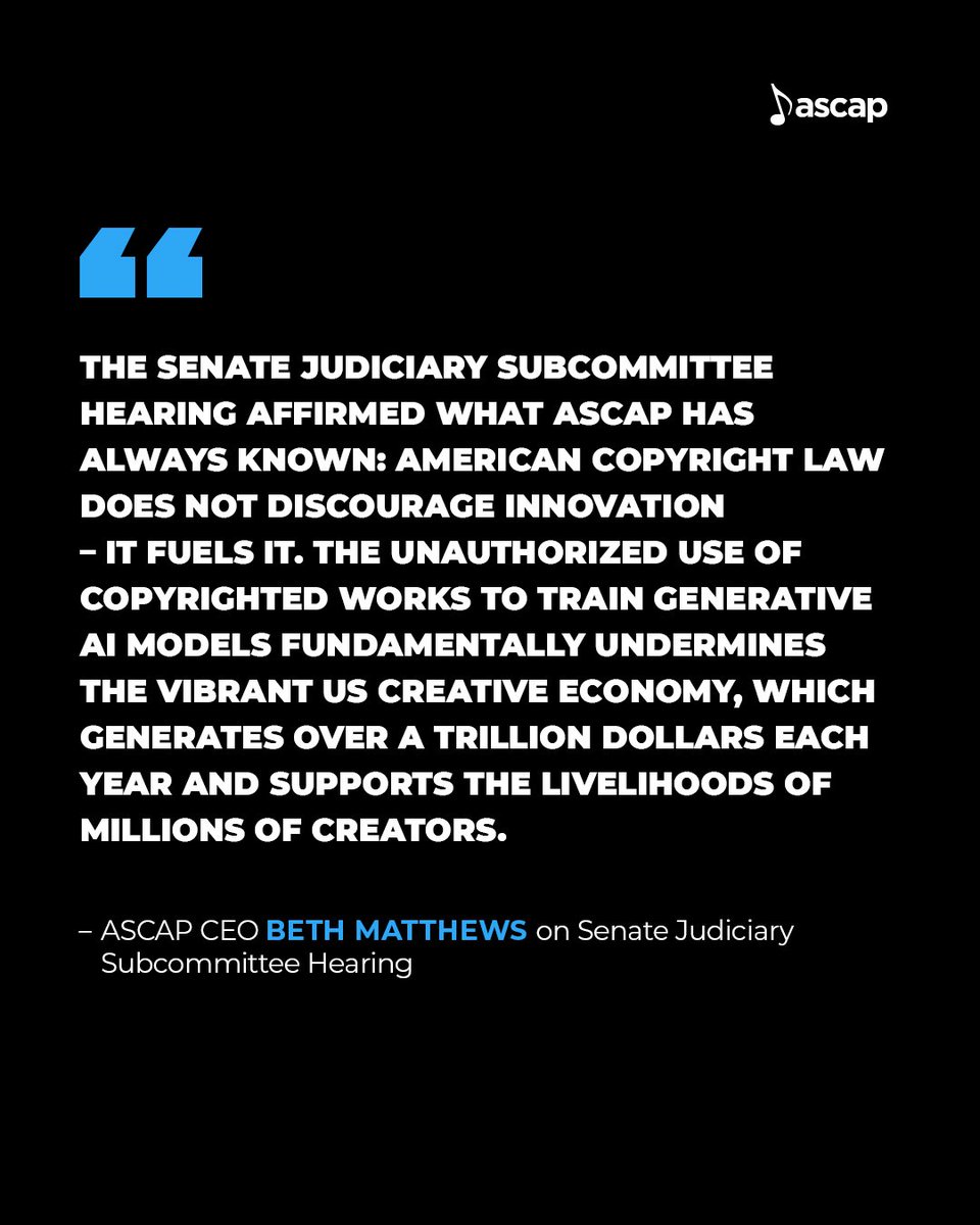 ASCAP's tweet image. Intentionally using copyrighted works without the permission of the creators to train AI models is not fair use, it’s theft. In response to the recent Senate hearing, ASCAP calls for protection of copyright in the age of AI. Read our full statement here: go.ascap.com/aihearingstate…