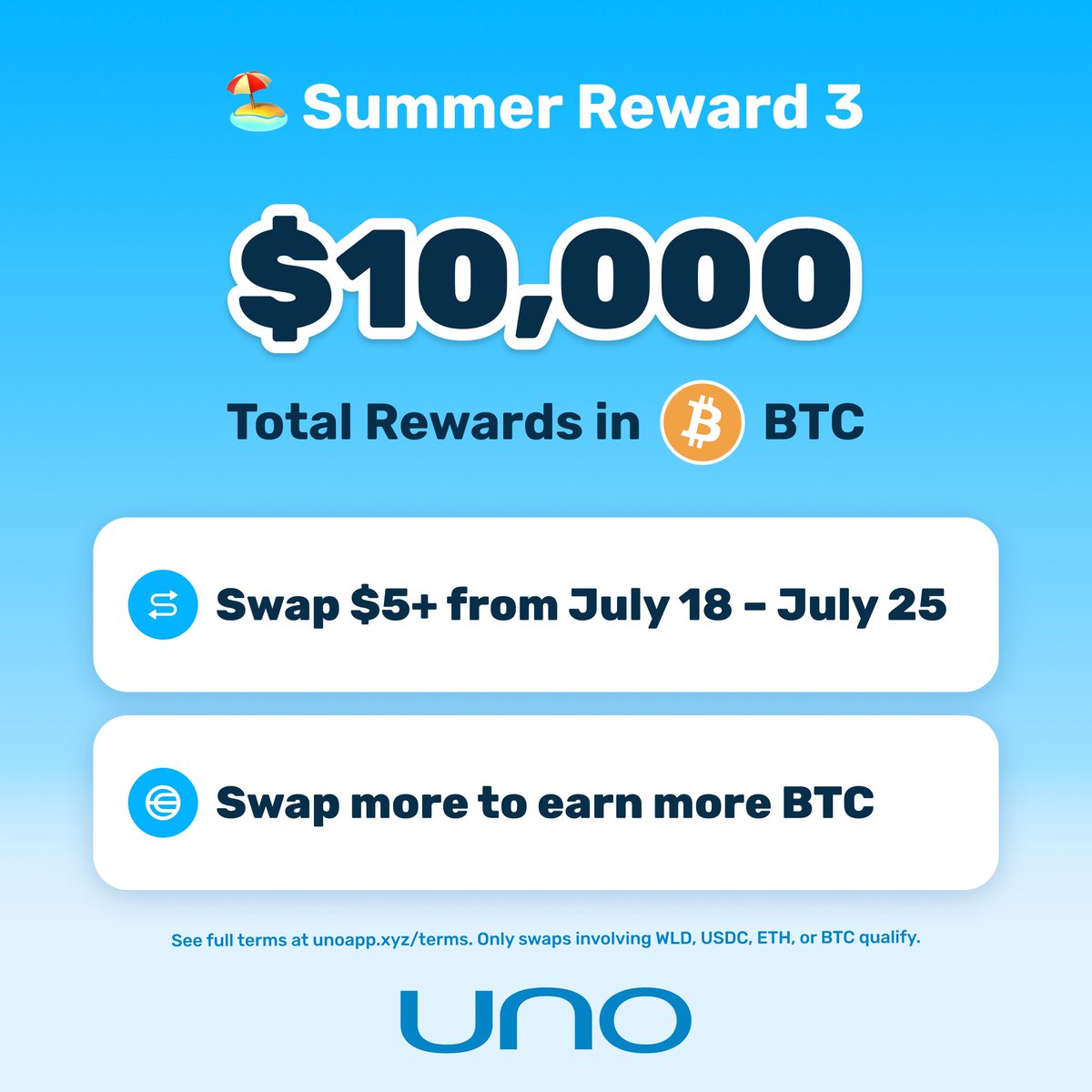 UNO (@uno_wallet) on Twitter photo Summer Reward 3 is here!
$10,000 of BTC rewards for UNO users!
Swap $5+ in UNO to qualify. Starting today through July 25th!🏖️ Summer Reward 3 is here!
$10,000 of BTC rewards for UNO users!
Swap $5+ in UNO to qualify. Starting today through July 25th!🏖️