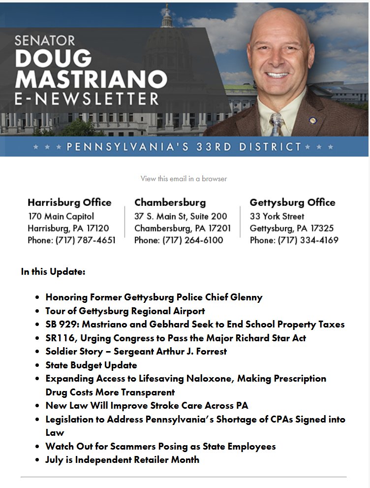 SenMastriano's tweet image. 📬 Have you read my latest e-newsletter? Click here:
📩 senatormastriano.com/enews/071825-2/