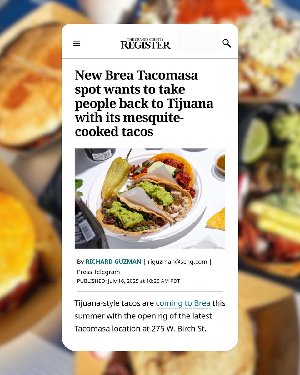 JS2 PR (@js2pr) on Twitter photo Tacomasa is bringing Tijuana to Brea this August with their authentic, Tijuana-style tacos, vampiros, and more! 🔥 Thanks <a href="/ocregister/">O.C. Register</a> for once again highlighting their upcoming opening!
✍️: <a href="/Richword/">Richard Guzman</a>
#JS2PR #Tacomasa #OCRegister #OrangeCountyEats #TacoLovers Tacomasa is bringing Tijuana to Brea this August with their authentic, Tijuana-style tacos, vampiros, and more! 🔥 Thanks <a href="/ocregister/">O.C. Register</a> for once again highlighting their upcoming opening!
✍️: <a href="/Richword/">Richard Guzman</a>
#JS2PR #Tacomasa #OCRegister #OrangeCountyEats #TacoLovers