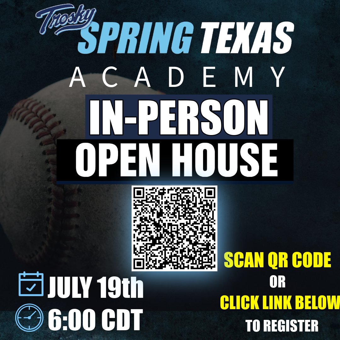 troskyacademy's tweet image. 📍Spring, TX – Trosky Academy Open House
🗓️ Friday, July 19
🕕 6:00 PM CST
📍 Location: 22202 Rothwood Spring, TX 77389
🎒 What to Bring: Baseball gear + water
What You’ll Learn:
✔️ The physical and mental training methods that have made Coach Trosky a trusted name in player…