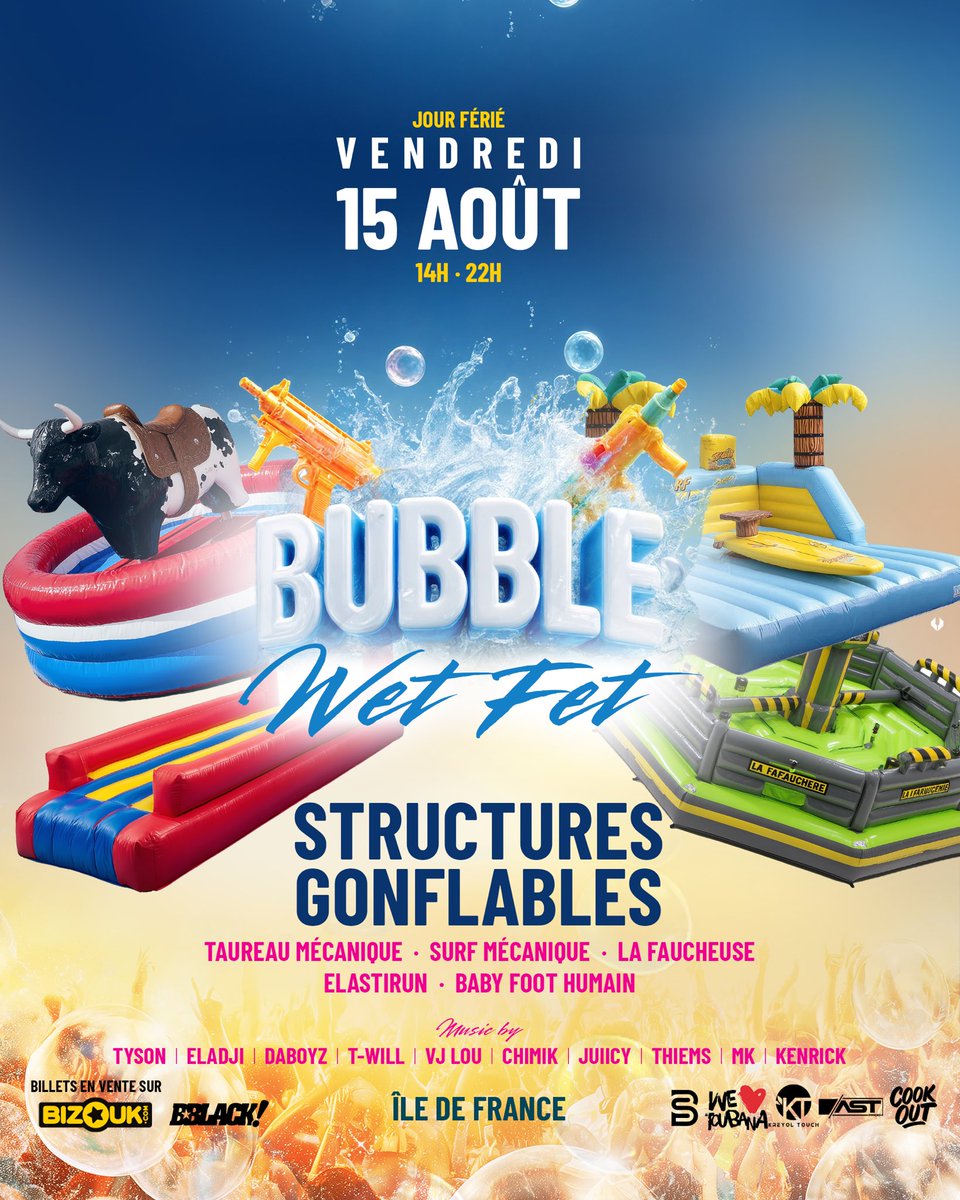 Prépare-toi pour une expérience hors du commun à la BUBBLE WET FET 💦

Des structures gonflables XXL seront là pour te faire sauter, glisser et t’éclater comme jamais ...et ce n’est que le début 👀

D’autres surprises encore plus folles arrivent très bientôt 🔥

Ambiance