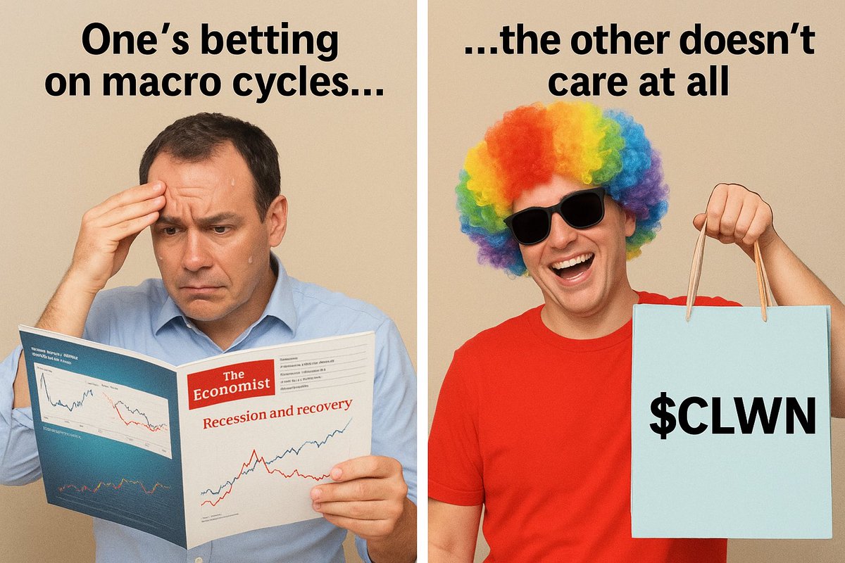 CLWNofficial's tweet image. One’s betting on macro cycles 📉…
The other’s just here for the chaos 🤡📈
$CLWN
CA: 7saDQT4uZnmcF8sDiL9BdFcbaNMPpUTXixudNe4Ubonk