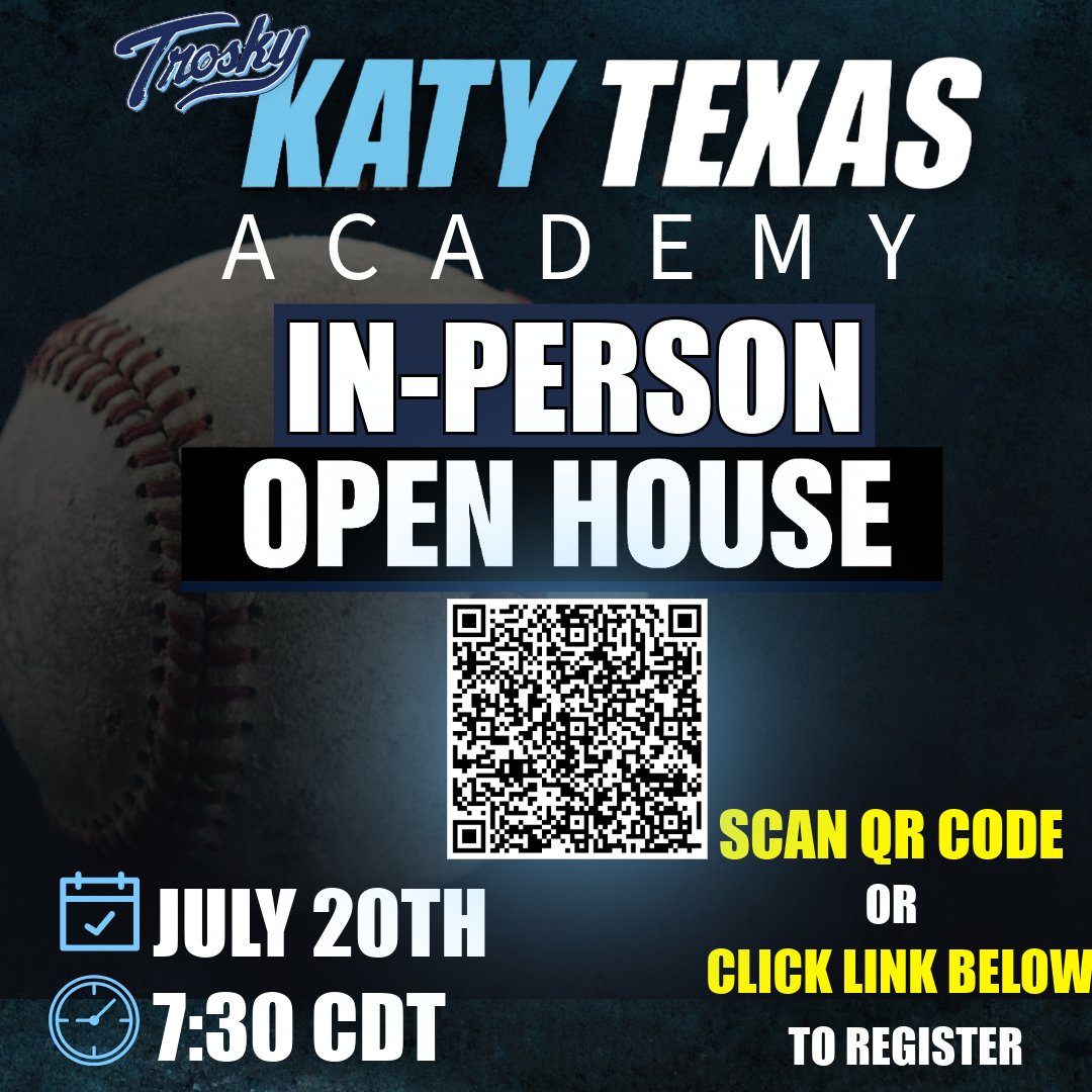 troskyacademy's tweet image. 📍Katy, TX – Trosky Academy Open House
🗓️ Saturday, July 20
🕢 PM CST
📍 Location: Trosky Academy Katy
🎒 What to Bring: Baseball gear + water
What You’ll Learn:
✔️ The physical and mental training methods that have made Coach Trosky a leader in baseball development — trusted…