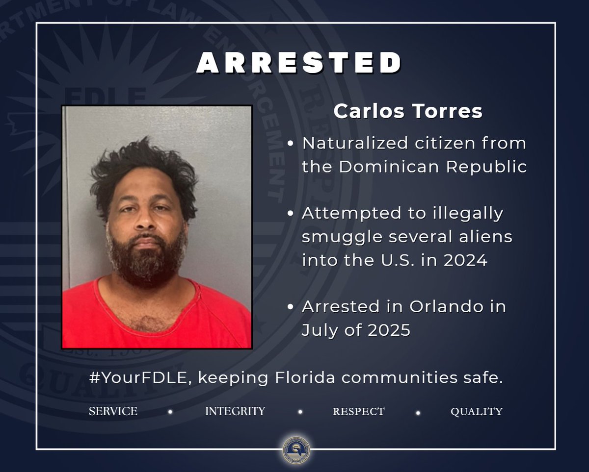 fdlepio's tweet image. He became a naturalized citizen—then tried his hand at the human smuggling of illegal aliens.
Busted by FDLE and our partners on the HSI Orlando Homeland Security Task Force, Torres was the captain of a boat caught off Miami in 2024, packed with illegal aliens bound for Florida.…