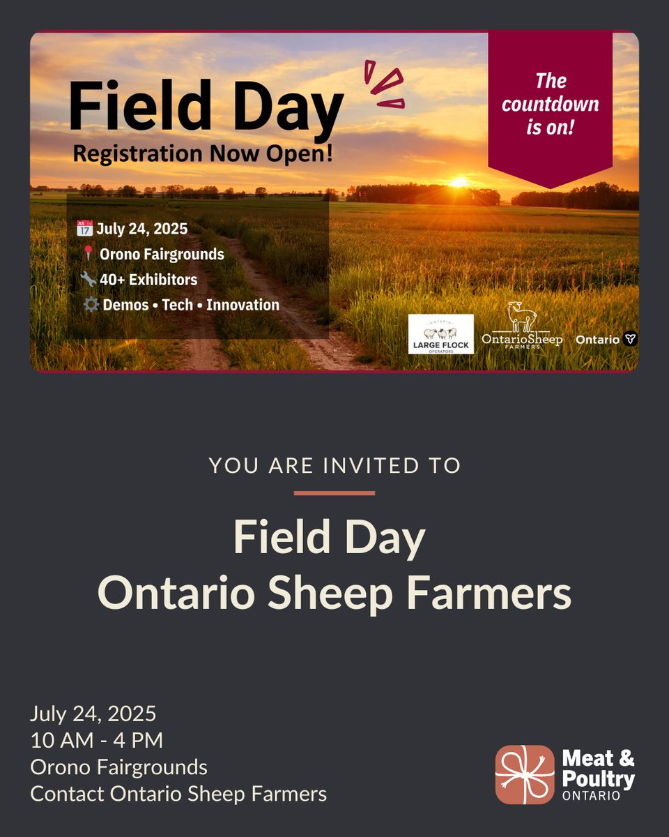 Join #OntarioSheepFarmers for #FieldDay! 🐑

📅 July 24 | 10 AM – 4 PM
📍 Orono Fairgrounds – 60 Centreview St, Orono, ON

This day will be full of learning, connection, and innovation in sheep farming across Ontario.

🔗 Full details and registration: ontariosheep.org/events/field-d…