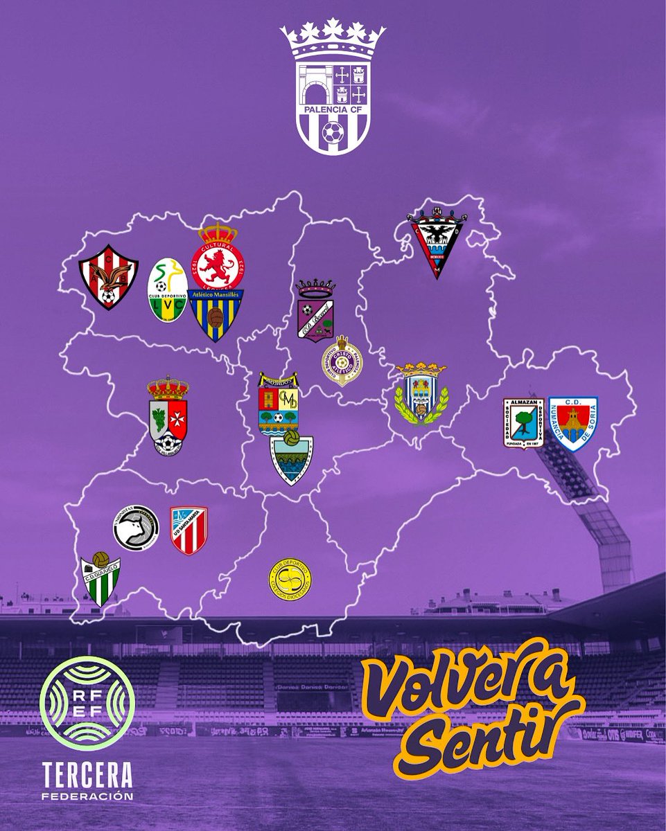 📣 Ya conocemos a todos los equipos que formarán nuestro grupo en Tercera RFEF.

Desde el Palencia CF, saludamos a cada club, jugador y afición.
⚽ Nos veremos en La Balastera… y también en vuestros campos.

💜 ¡Que empiece el fútbol!

#TerceraRFEF #PalenciaCF