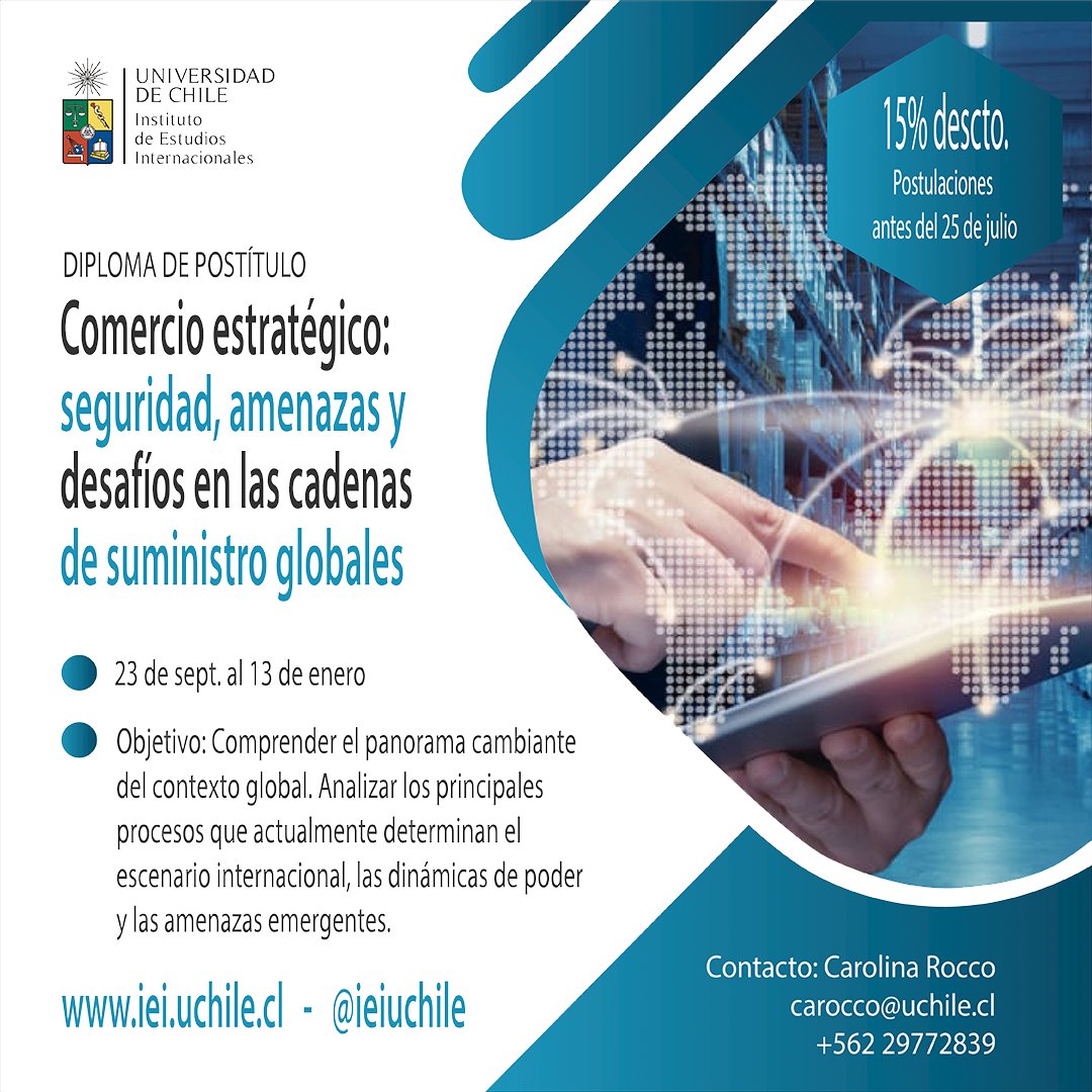ieiuchile's tweet image. 📌 Los diplomados del IEI se tienen un 15% de descuento si realizas tu postulación antes del 25 de julio.
Te invitamos a revisar el diplomado en Comercio estratégico: seguridad, amenazas y desafíos en las cadenas de suministro globales.
Más info: iei.uchile.cl/cursos/230337/…