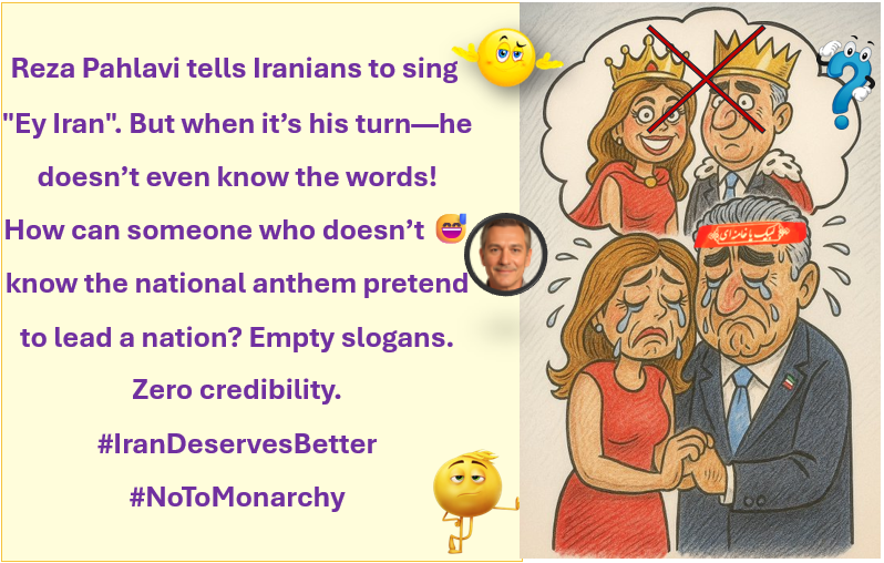 Mehba1346's tweet photo. @pahlavitruth If he hesitates to sing the national song,
maybe he's more comfortable with God Save the King.
Iran doesn’t need royal nostalgia — it needs real courage. #RezaPahlavi
#FakeRoyal
#DisconnectedLeader
#EyIran
#IranDeservesBetter
#No2ShahNo2Mullahs https://t.co/Na1cx78T2a