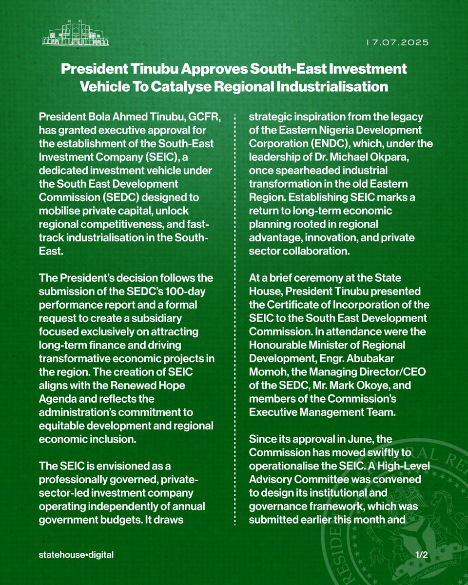 markokoyeII's tweet image. I am excited to share that President Bola Ahmed Tinubu, GCFR, has granted executive approval for the South East Investment Company (SEIC), a strategic step toward unlocking long-term capital, regional competitiveness, and sustainable development across the South East.
This…