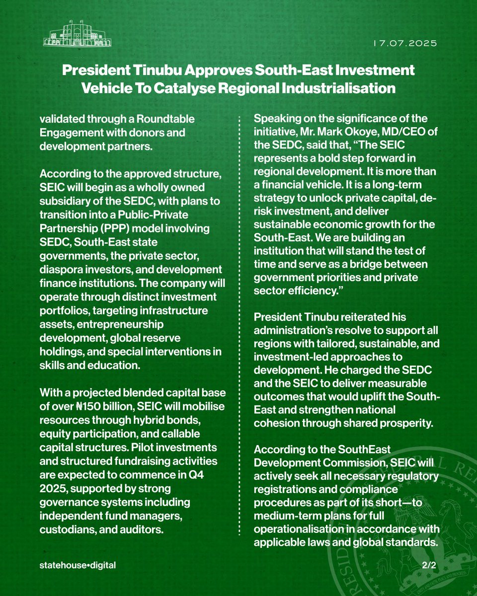 markokoyeII's tweet image. I am excited to share that President Bola Ahmed Tinubu, GCFR, has granted executive approval for the South East Investment Company (SEIC), a strategic step toward unlocking long-term capital, regional competitiveness, and sustainable development across the South East.
This…