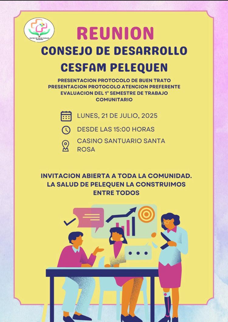 saludmalloa's tweet image. 📢 El Consejo de Desarrollo del CESFAM Pelequén invita a la presentación del Protocolo Atención Preferente y evaluación del 1º semestre de trabajo comunitario.

📆 Lunes 21 de Julio
🕒 15:00 hrs
📍 Casino Santuario Santa Rosa

¡Participa! 💙 #CESFAMPelequén #BuenTrato #Malloa