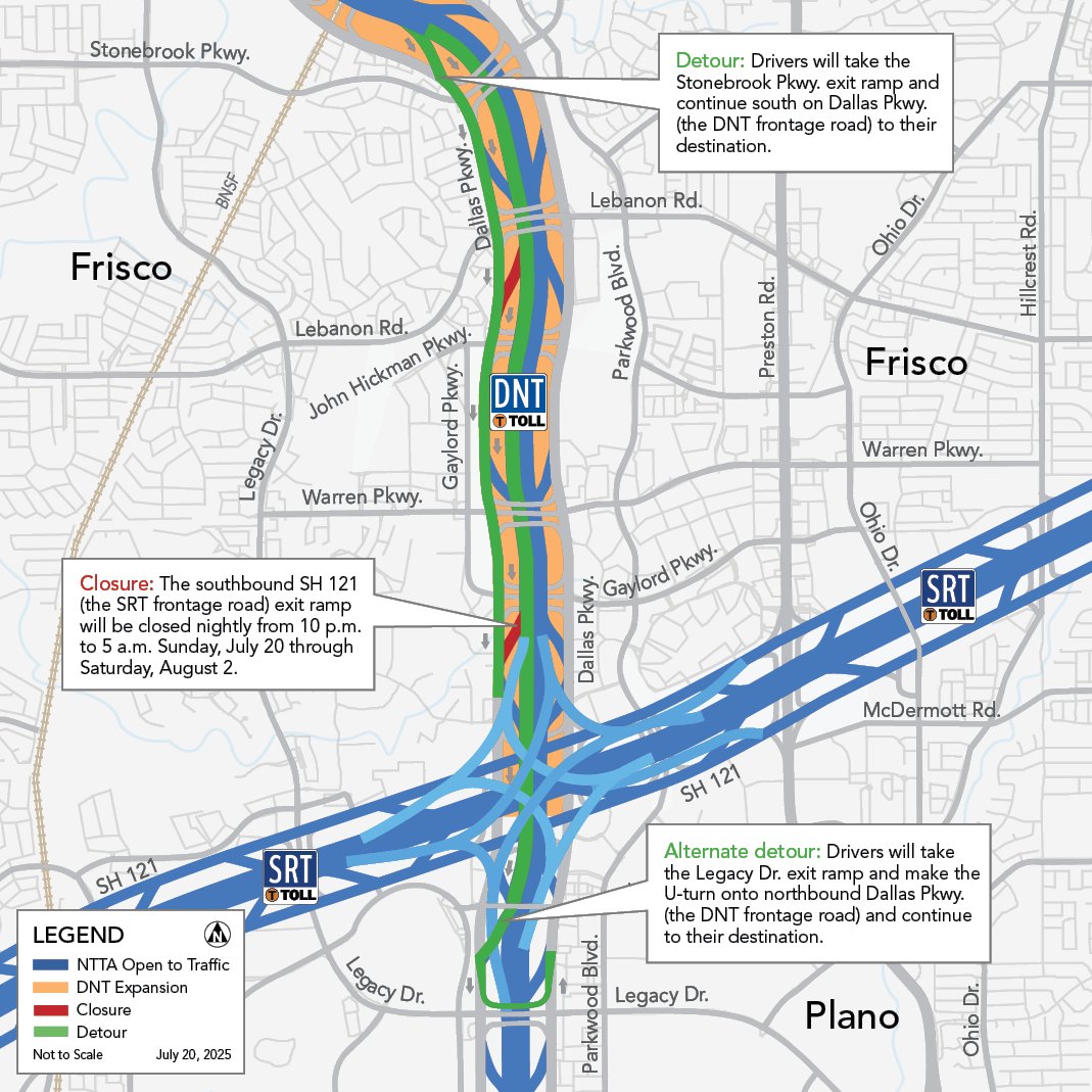 NTTA News (@tolltagnews) on Twitter photo Various lane & ramp closures for DNT widening project in Frisco (Sun, July 20 – Sat, July 26). Southbound SH 121/Headquarters ramp will be closed nightly from Sunday, July 20 to 8/2 (10 p.m.-5 a.m.). See map for details <a href="/CityOfFriscoTx/">City of Frisco,Texas</a> Various lane & ramp closures for DNT widening project in Frisco (Sun, July 20 – Sat, July 26). Southbound SH 121/Headquarters ramp will be closed nightly from Sunday, July 20 to 8/2 (10 p.m.-5 a.m.). See map for details <a href="/CityOfFriscoTx/">City of Frisco,Texas</a>