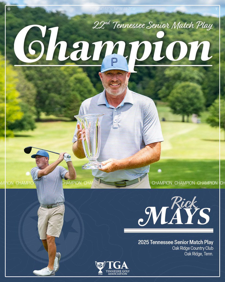 TNgolf's tweet photo. ✨Simply A-MAYS-ing✨

Rick Mays earns his first ever TGA title after a hard fought match play tournament. Securing 4 match wins and playing 38 holes today, he tastes sweet victory!! https://t.co/fgSPTdgoo1
