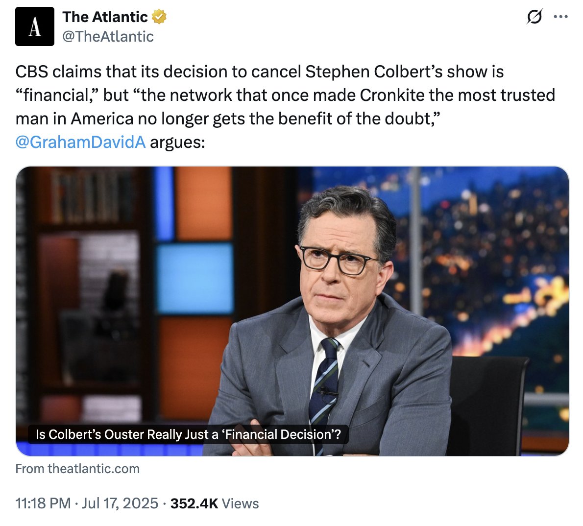 peterjhasson's tweet image. Stephen Colbert was losing Paramount $40 MILLION EVERY YEAR. The libs have absolutely lost their minds