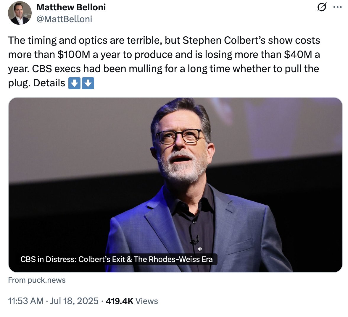 peterjhasson's tweet image. Stephen Colbert was losing Paramount $40 MILLION EVERY YEAR. The libs have absolutely lost their minds