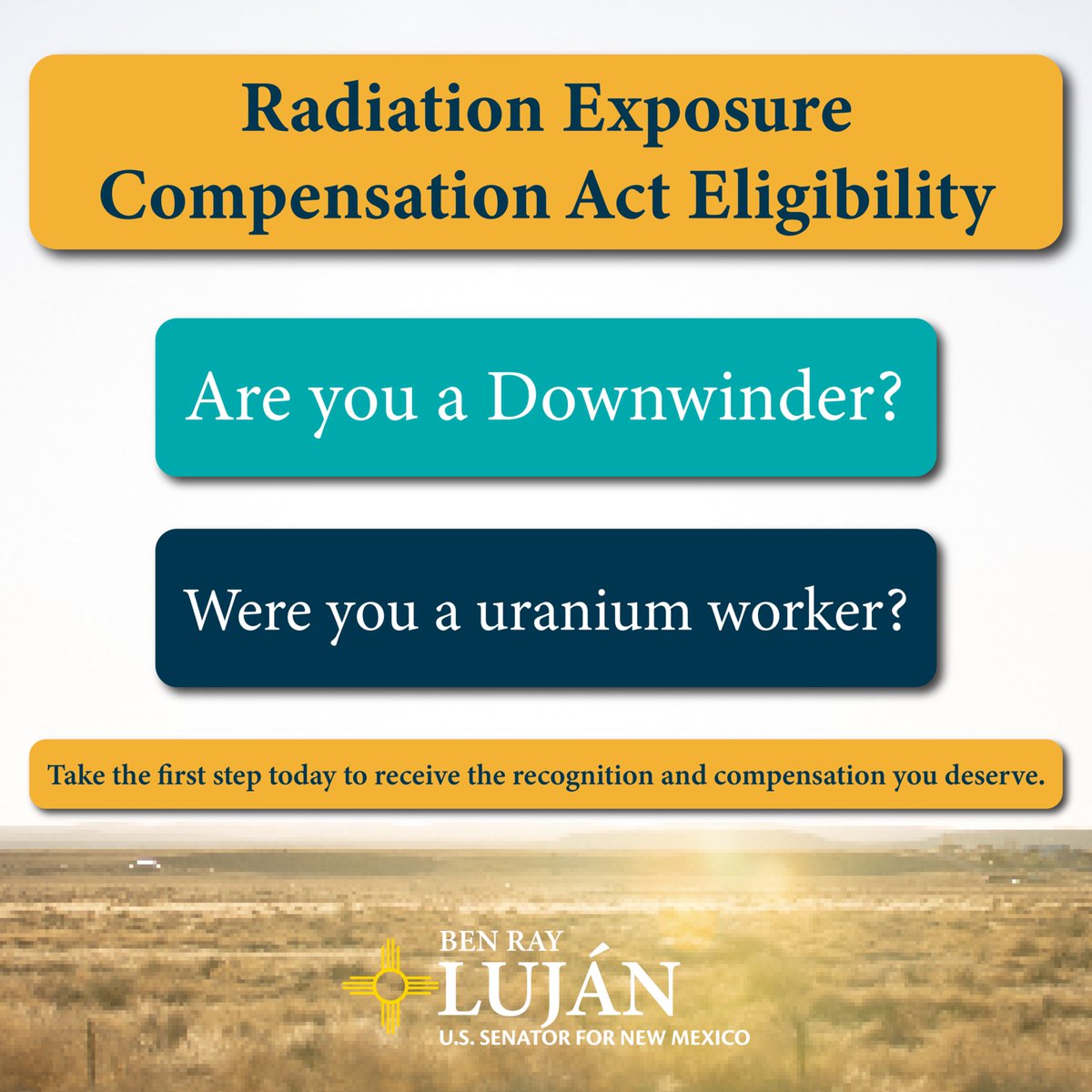 SenatorLujan's tweet image. New Mexicans harmed by radiation exposure – and uranium workers who risked their health on the job – may now qualify for compensation under the newly expanded Radiation Exposure Compensation Act.
Visit lujan.senate.gov/reca to check your eligibility and get ready to apply.…