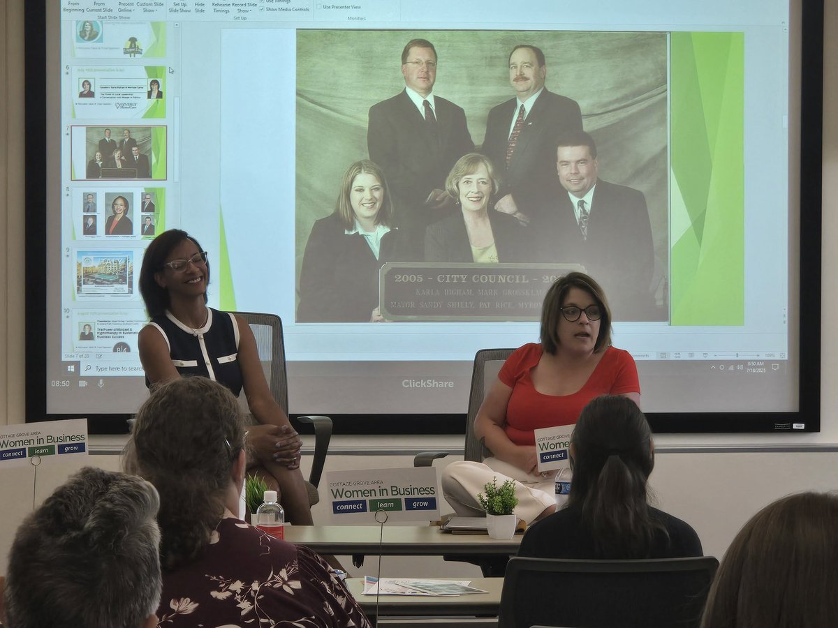 karlabigham's tweet image. Thank you to Women in Business at the Cottage Grove Area Chamber of Commerce for having me and Council member Monique Garza talk about women in local government today! We had a time as my friend Sheletta says!