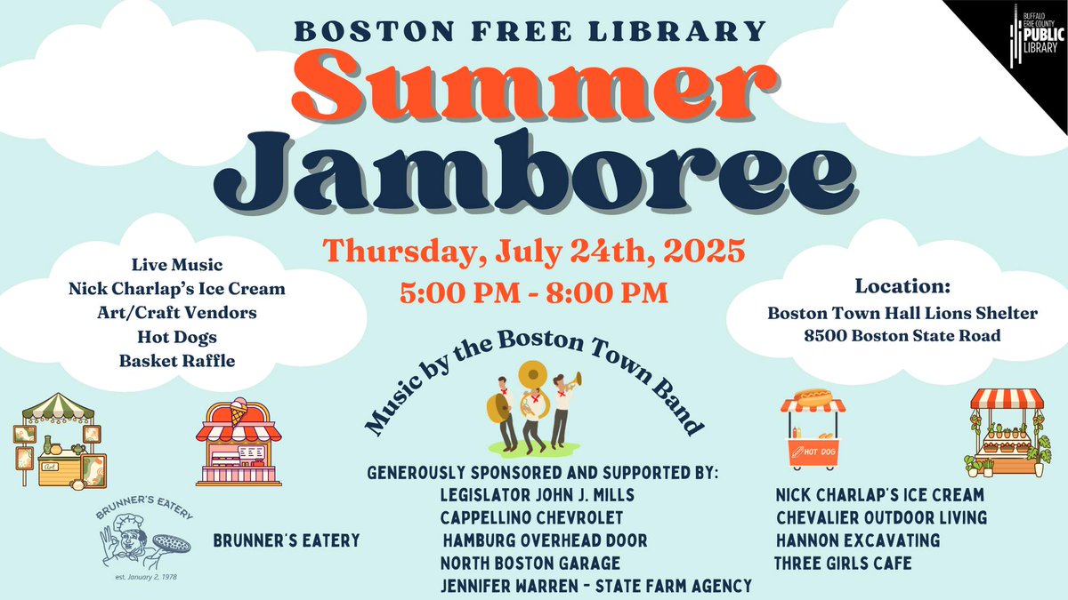 Buffalo & Erie County Public Library (@buffalolibrary) on Twitter photo Support the Boston Free Library at their Summer Jamboree on Thu., July 24 from 5-8 pm at the Boston Town Hall Lions Shelter. Live music, food, crafts & activities and more. Details: facebook.com/share/1AuagPUi… Support the Boston Free Library at their Summer Jamboree on Thu., July 24 from 5-8 pm at the Boston Town Hall Lions Shelter. Live music, food, crafts & activities and more. Details: facebook.com/share/1AuagPUi…