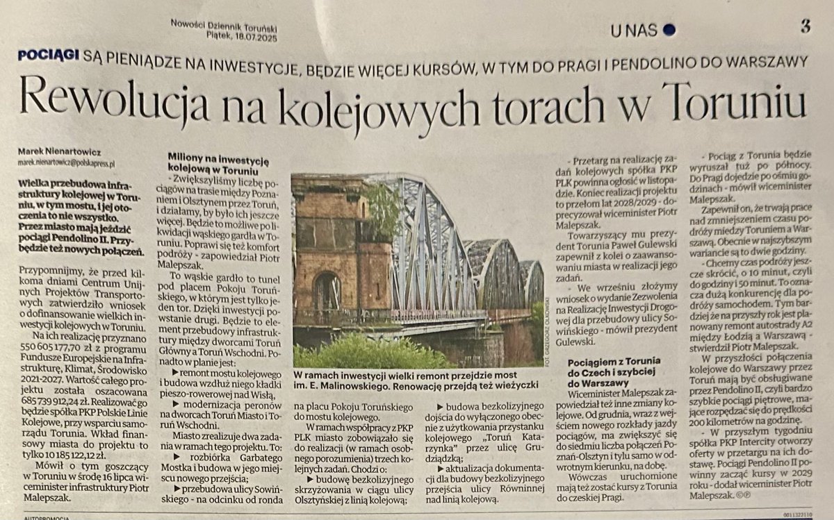 Marcel Klinowski (@marcelklinowski) on Twitter photo Ponadto z prasy regionalnej ➡️ <a href="/NowosciTorun/">Nowości Toruńskie</a> x <a href="/PiotrMalepszak/">Piotr Malepszak</a>:
🔹 od nowego RRJ 7 par połączeń <a href="/PKPIntercityPDP/">PKP Intercity</a> na rel. Olsztyn-Toruń-Poznań;
🔹 od grudnia również skrócenie czasu przejazdu na odc. Warszawa-Toruń do 1h50min (w Programie CPK docelowy czas przejazdu po realizacji Ponadto z prasy regionalnej ➡️ <a href="/NowosciTorun/">Nowości Toruńskie</a> x <a href="/PiotrMalepszak/">Piotr Malepszak</a>:
🔹 od nowego RRJ 7 par połączeń <a href="/PKPIntercityPDP/">PKP Intercity</a> na rel. Olsztyn-Toruń-Poznań;
🔹 od grudnia również skrócenie czasu przejazdu na odc. Warszawa-Toruń do 1h50min (w Programie CPK docelowy czas przejazdu po realizacji