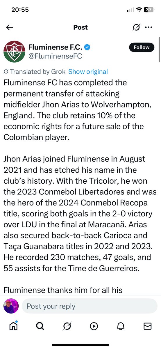 DazHaleWM's tweet image. Fluminense confirm the departure of Jhon Arias to #Wolves
