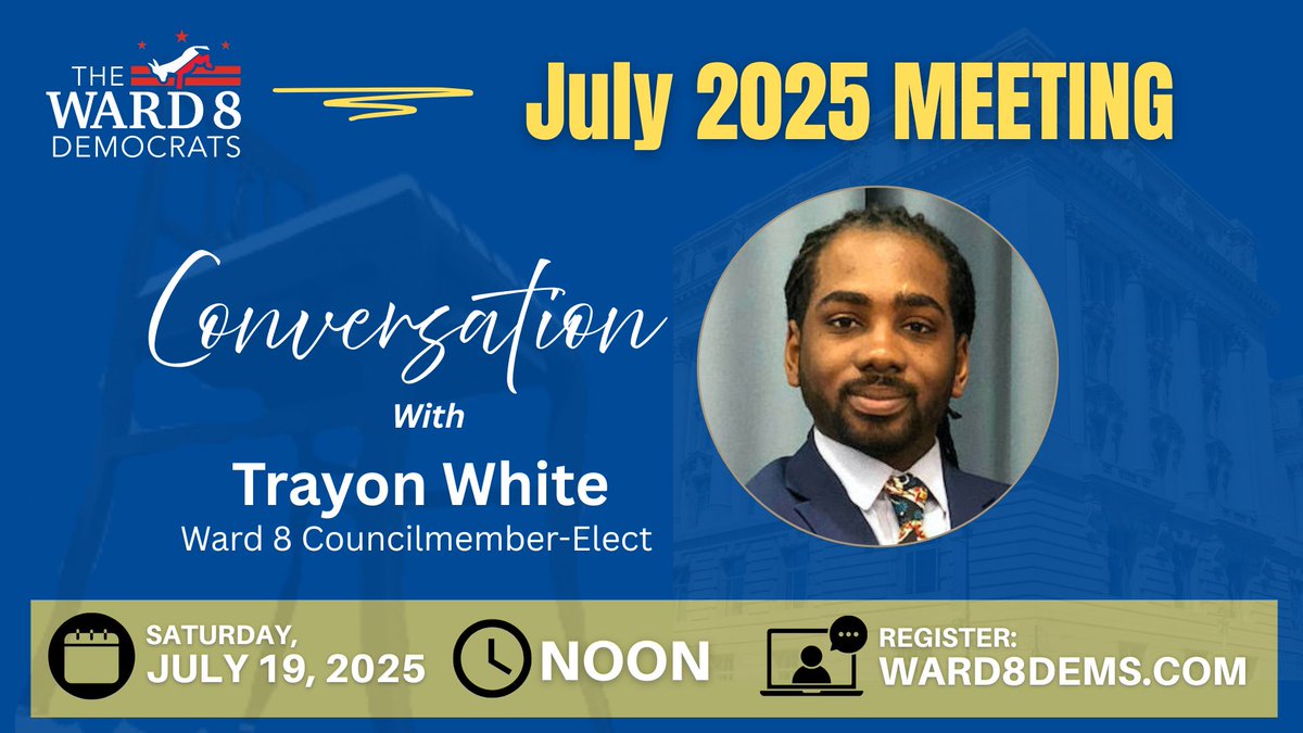 TroyDonte's tweet image. He's the talk of the town. And now we get to talk to him ourselves. Looking forward to a conversation with Councilmember-elect @trayonwhite tomorrow at noon.
Zoom💻: us02web.zoom.us/webinar/regist…
Or watch live on @Ward8Dems' YouTube.
#Ward8 #ward8dems #ward8votes