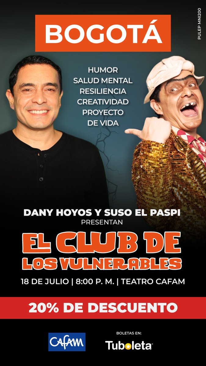 ¡HOOOOOOOOOOOY!
Hoy estaré con <a href="/AlegandroHoyos/">Alejandro Hoyos Sucerquia</a> en el Teatro Cafam presentando #ElClubdelosVulnerables en Bogotá. Aprosvechen que hay 20% de descuento en la bosleta.
tuboleta.com/es/eventos/el-…