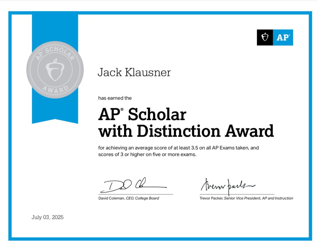 Jack Klausner (@klausner_jack) on Twitter photo Very proud to have earned an AP Scholar with Distinction Award after this cycle of AP exams!
<a href="/CoachMarkum/">Jake Markum</a> <a href="/lacheltqba/">Andrew Lachelt</a> Very proud to have earned an AP Scholar with Distinction Award after this cycle of AP exams!
<a href="/CoachMarkum/">Jake Markum</a> <a href="/lacheltqba/">Andrew Lachelt</a>