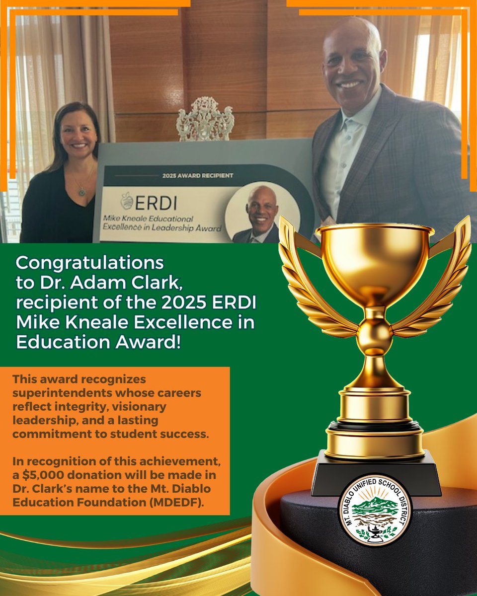 MDUSD (@mtdiablousd) on Twitter photo MDUSD is proud to announce that Superintendent <a href="/mraclark29/">Dr. Adam Clark</a> has received the 2025 Mike Kneale Excellence in Education Award from the Education Research and Development Institute (ERDI). A $5,000 donation will be made to the Mt. Diablo Education Foundation. mdusd.org/about/news/new… MDUSD is proud to announce that Superintendent <a href="/mraclark29/">Dr. Adam Clark</a> has received the 2025 Mike Kneale Excellence in Education Award from the Education Research and Development Institute (ERDI). A $5,000 donation will be made to the Mt. Diablo Education Foundation. mdusd.org/about/news/new…