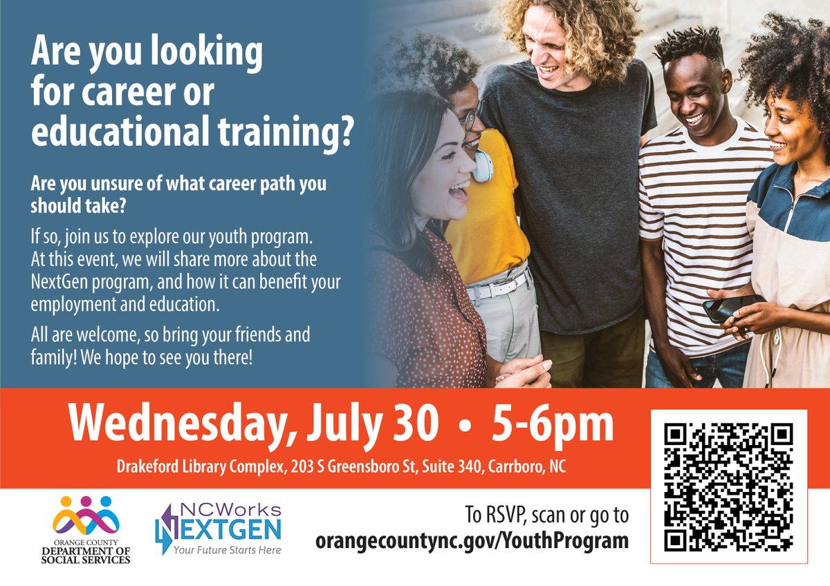 OCNCGOV's tweet image. Are you looking for career or educational training? If so, join us on July 30th to explore our WIOA youth program.
Date: July 30th
Time: 5:00 pm - 6:00 pm
Location:
203 S Greensboro St. Room 220
Carrboro, NC 27510
orangecountync.gov/youthprogram