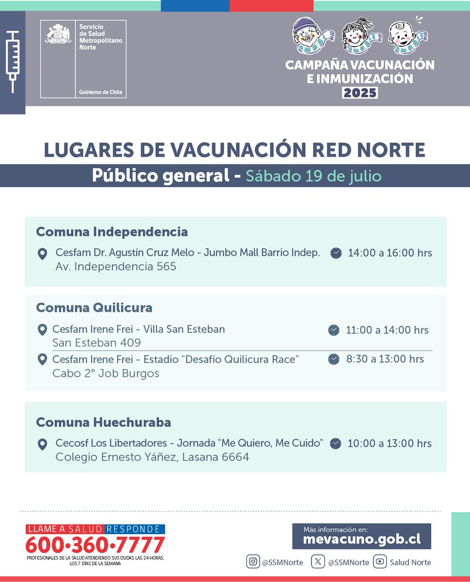 💉 ¡Este sábado 19 de julio te esperamos!

La vacuna contra la influenza ya está disponible para toda la población general.
¿Aún no te has vacunado? ¡Es el momento de protegerte! 🏥

🔹 Revisa los puntos de vacunación disponibles en nuestra red y acércate al más cercano.
