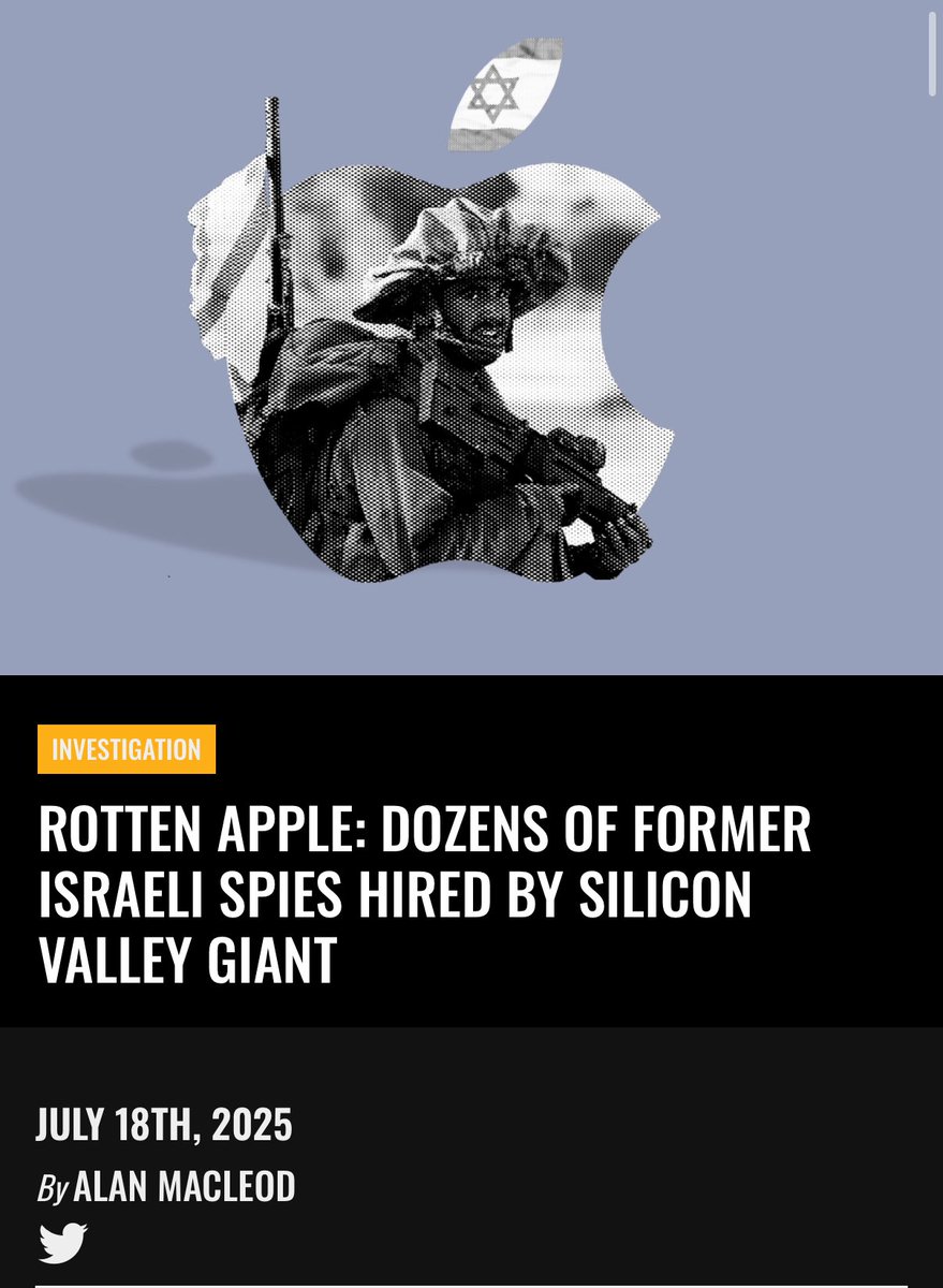 tariq_raouf's tweet image. BREAKING: Apple has been hiring former IDF soldiers from the secretive and destructive Unit 8200, responsible for creating the technology that has murdered thousands.
Just another example of how pro-Israel this tech giant is.
mintpressnews.com/apple-israel-u…