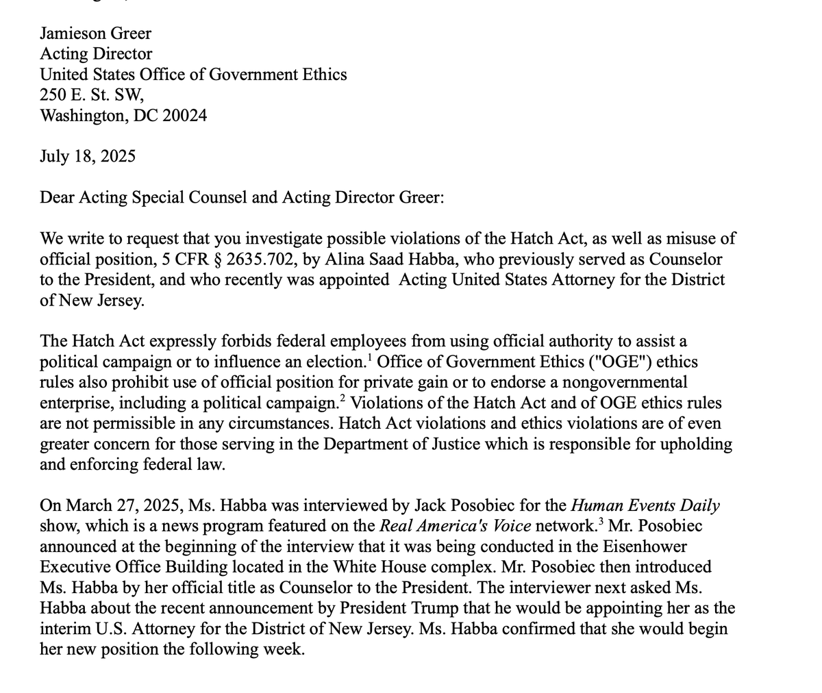 NormEisen's tweet image. Not so fast Alina
As she leaves, bipartisan ethics experts are demanding an investigation into Habba’s Hatch Act violations
She used her official position to promote partisan politics & GOP candidates
That's a no-no!👇
democracydefendersfund.org/prs/07.18.25-pr