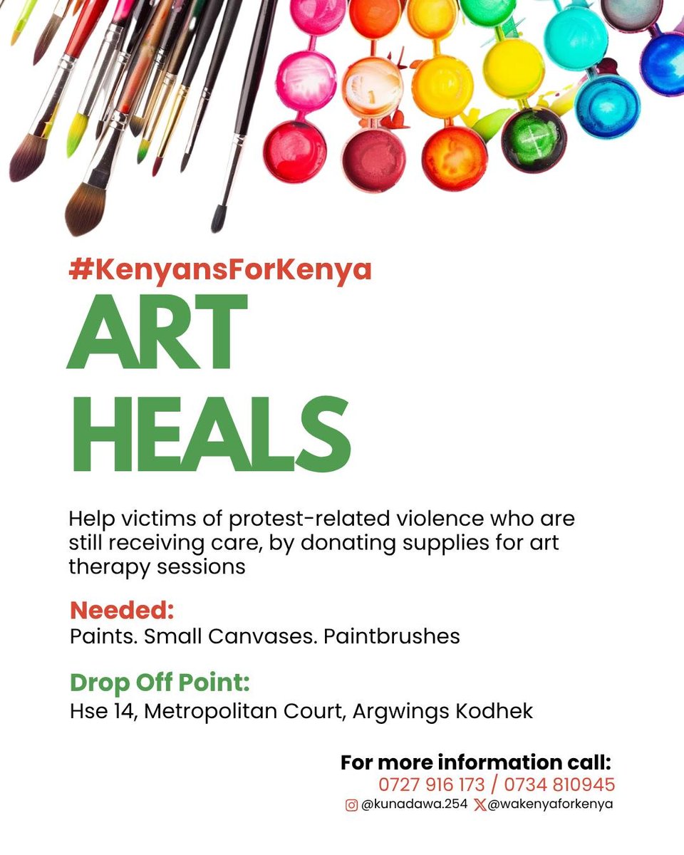 WakenyaForKenya's tweet image. Art is more than expression it’s therapy. Many victims of protest-related violence are still in recovery, and art therapy is offering them a gentle path to healing. We’re collecting: paintbrushes, paints
and small canvases
If you can donate, please do.
#kenyansforkenya