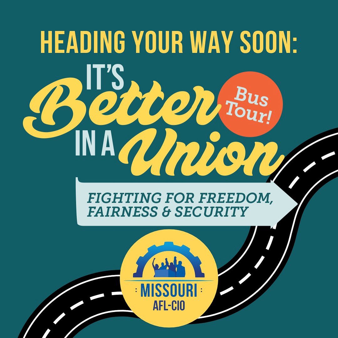 MOAFLCIO's tweet image. Coming soon to Missouri! The @AFLCIO tour is criss-crossing America, culminating in Labor Day events across the land where workers will make their voices heard loud and clear that we’re the backbone of this country and we’re creating an economy that works for ALL working people.