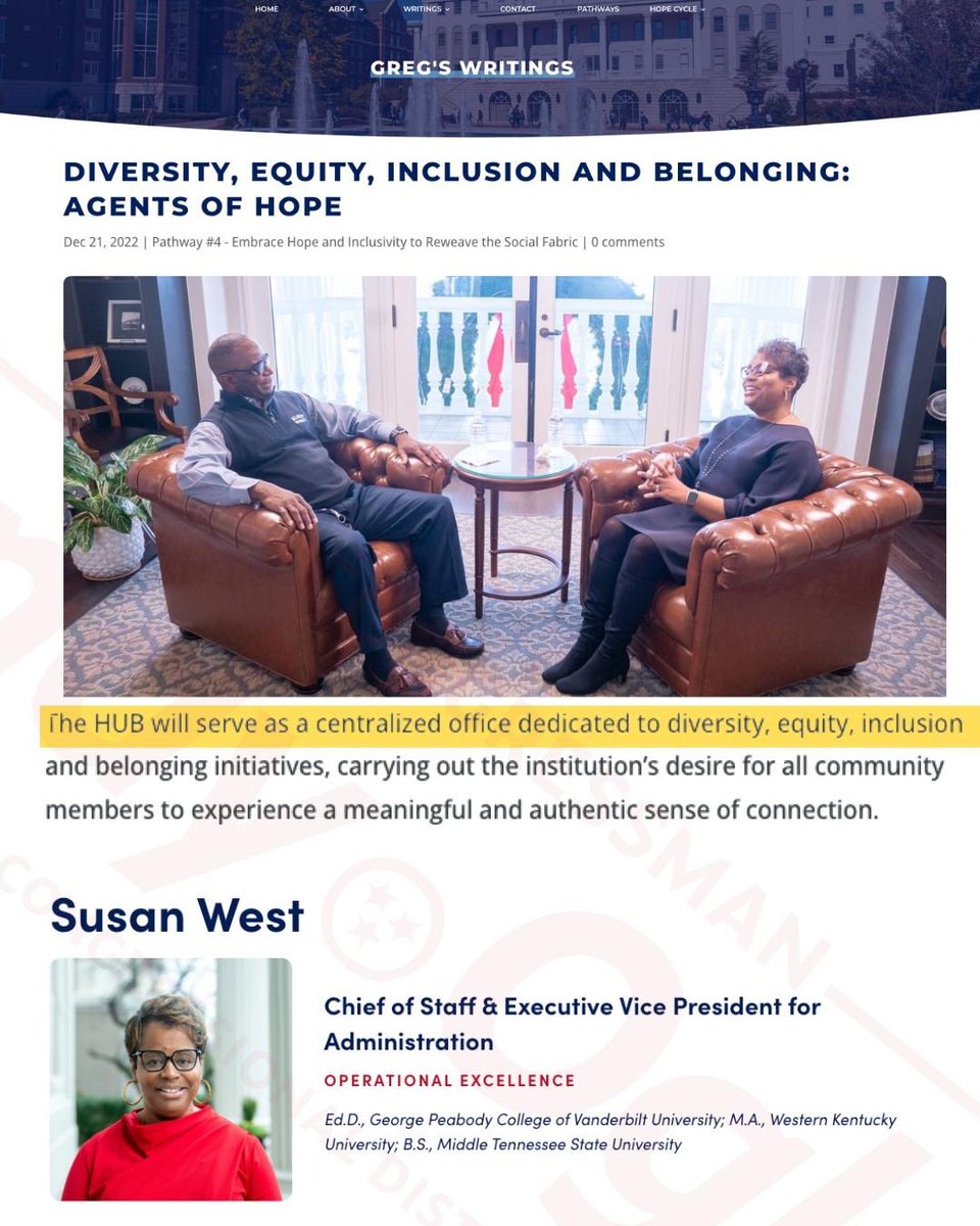 RepOgles's tweet image. 🚨 BELMONT BOMBSHELL #3 🚨
The woke college president just sent a campus-wide email claiming the HUB—Belmont’s Office of Hope, Unity, and Belonging—is meant to “share the light of Christ” and is in compliance with federal law.
That’s a blatant deception. HUB is DEI propaganda…