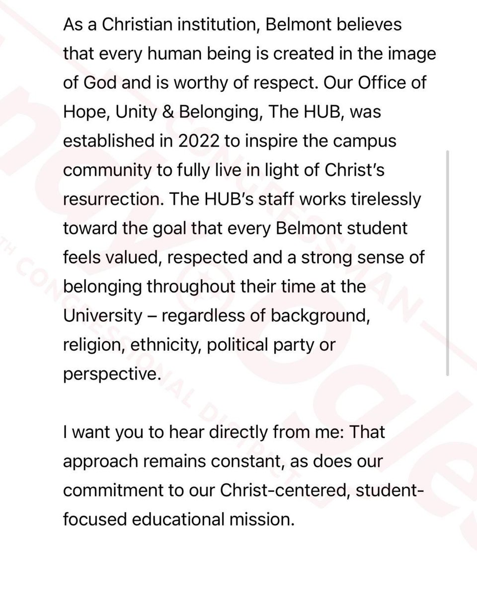 RepOgles's tweet image. 🚨 BELMONT BOMBSHELL #3 🚨
The woke college president just sent a campus-wide email claiming the HUB—Belmont’s Office of Hope, Unity, and Belonging—is meant to “share the light of Christ” and is in compliance with federal law.
That’s a blatant deception. HUB is DEI propaganda…