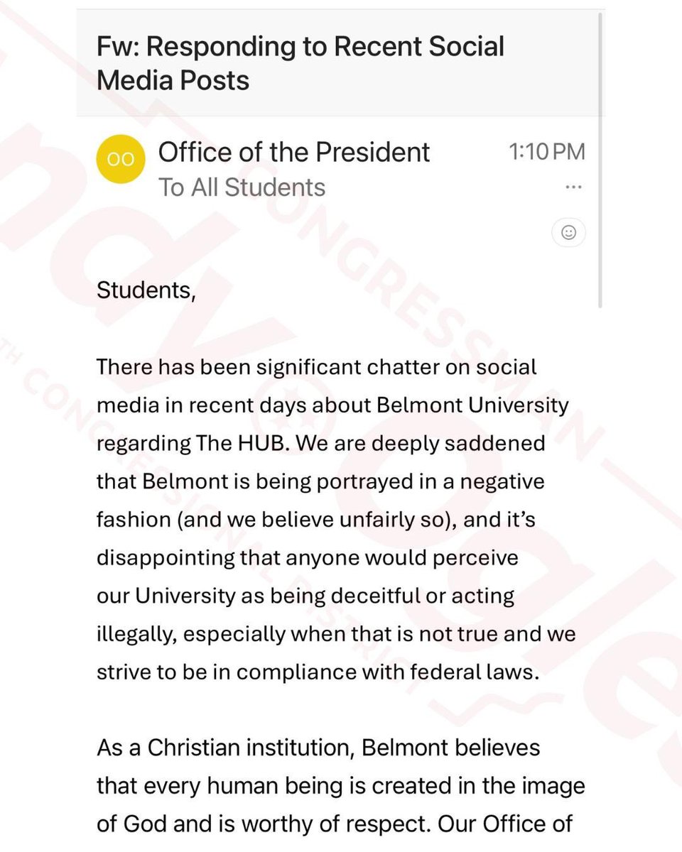 RepOgles's tweet image. 🚨 BELMONT BOMBSHELL #3 🚨
The woke college president just sent a campus-wide email claiming the HUB—Belmont’s Office of Hope, Unity, and Belonging—is meant to “share the light of Christ” and is in compliance with federal law.
That’s a blatant deception. HUB is DEI propaganda…
