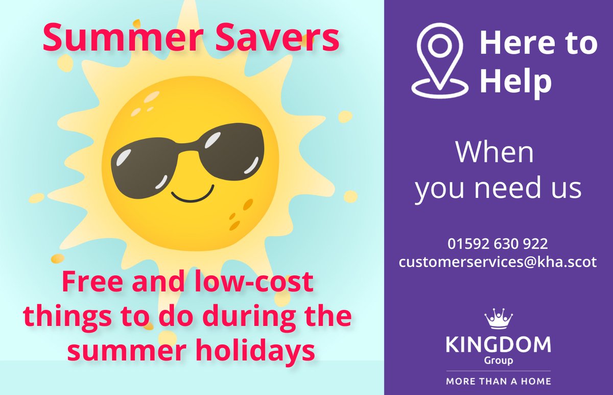 🌞 Summer Savers are here!
 
We’ve made a list of free and low-cost things to do across Fife, Falkirk, Clackmannanshire and Perth &amp; Kinross. Perfect for the school holidays.

Find out more at: kingdomhousing.org.uk/blog/here-to-h…