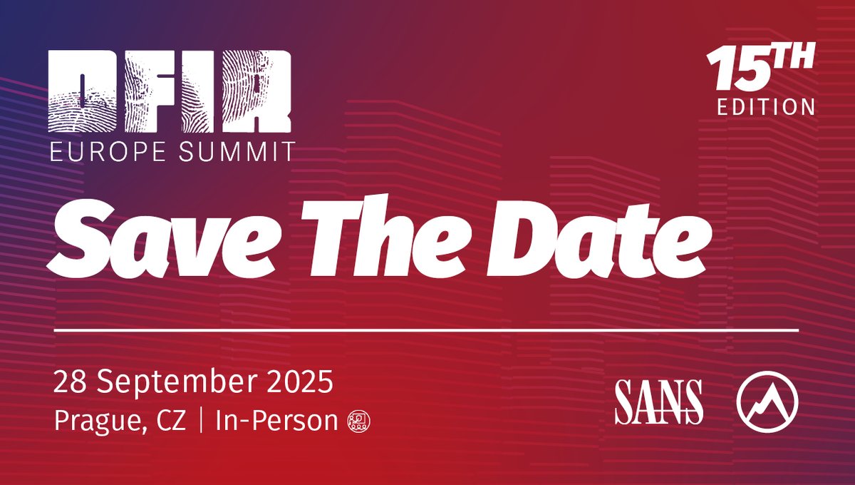 SANSEMEA's tweet image. 📌 DFIR Europe 2025 marks 15 years of DFIR excellence.
Join us in Prague on 28 Sept for real-world case studies, expert keynotes & hands-on workshops.
🎙️ A must-attend for DFIR professionals.
📅 Register now: sans.org/u/1BDU