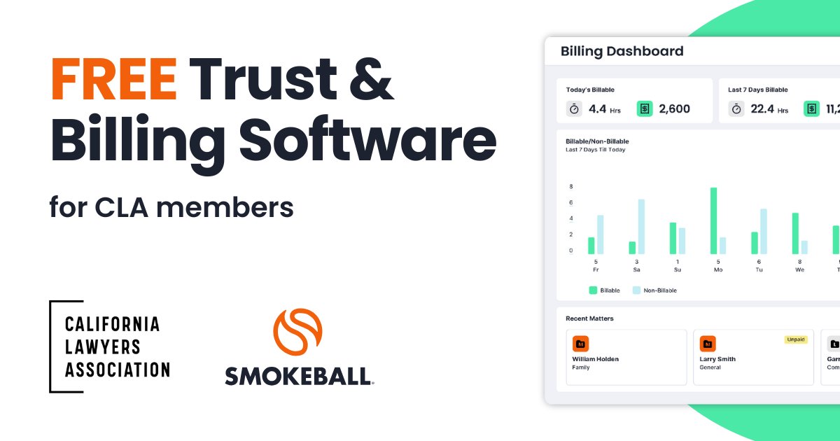 Smokeball (@smokeballnews) on Twitter photo If you haven’t yet heard, Smokeball has launched our free Smokeball Bill offer provided by the <a href="/CALawyersOrg/">California Lawyers Association</a>. We’re very excited to provide all CLA members with FREE access to Smokeball’s trust accounting & billing software.
bit.ly/4kM4vuD
#CLALawyers #LegalTech #Law If you haven’t yet heard, Smokeball has launched our free Smokeball Bill offer provided by the <a href="/CALawyersOrg/">California Lawyers Association</a>. We’re very excited to provide all CLA members with FREE access to Smokeball’s trust accounting & billing software.
bit.ly/4kM4vuD
#CLALawyers #LegalTech #Law