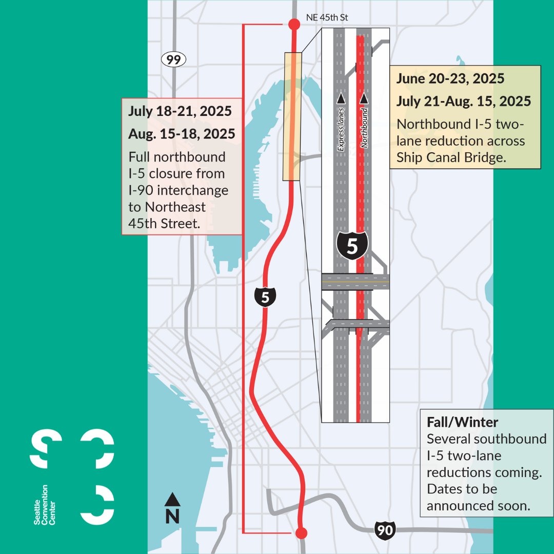 Visiting SCC this summer? Major I-5 construction ahead! FULL northbound I-5 closure July 18-21, then 2 lanes closed July 22-mid Aug. A second closure is scheduled for Aug 15-18. Allow extra time &amp; consider alternate routes.

#SeattleConventionCenter #I5Construction #TravelAlert