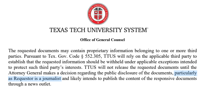 PhilJankowski's tweet image. Happy #FOIAFriday to @TexasTech, which said in a recent letter it is challenging my Texas Public Information Act request in part because I am a journalist.