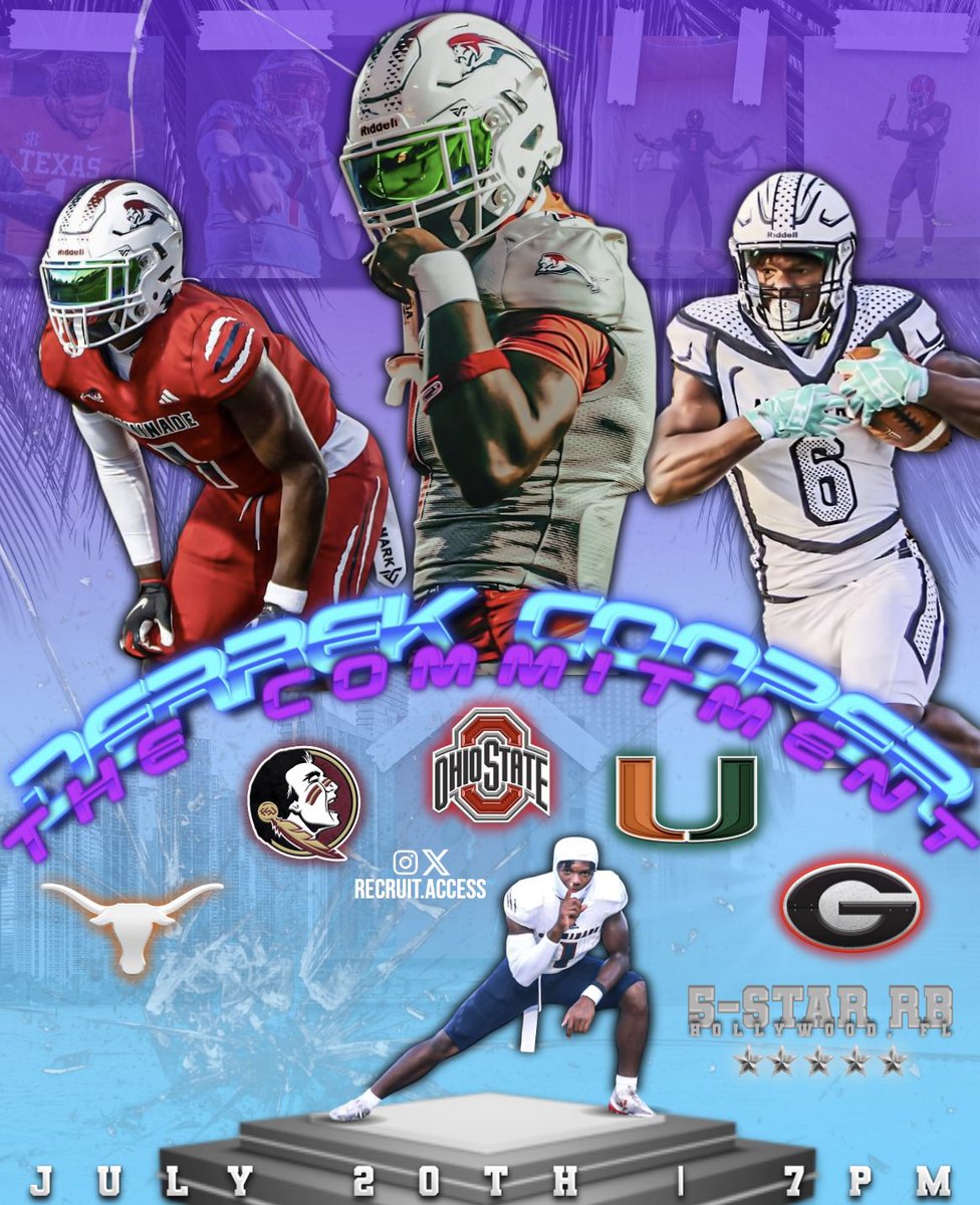 recruit_access's tweet image. NEWS: 5🌟 RB Derrek Cooper (@DerrekCooper80 ) will announce his commitment on July 20th and 7PM ET
Cooper is ranked as a top 10 recruit on the nation (#1 RB) per ESPN
He will choose between Texas, Miami, Florida State, Georgia, and Ohio State