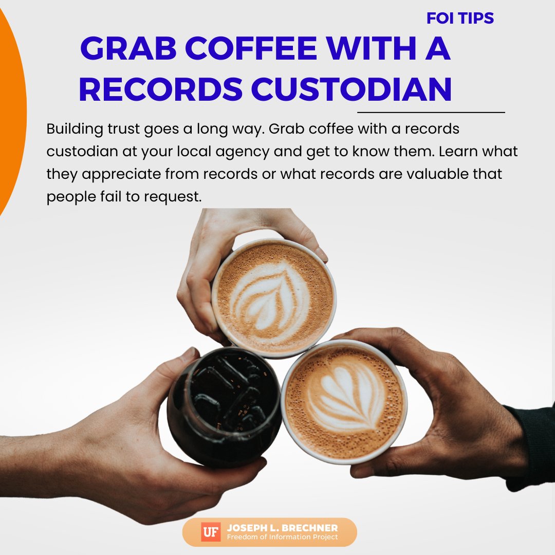 BrechnerFOI's tweet image. ☕️ FOI Tip: Build trust.
Grab coffee with a records custodian. Learn what they value in requests and discover records others don’t think to ask for.
#FOITip #FOI #FOIA